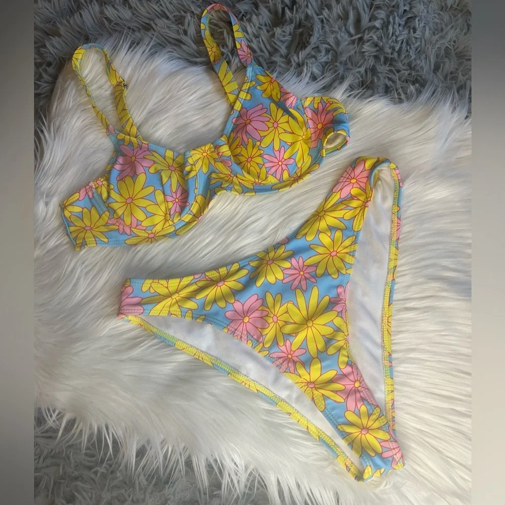 Floral Bikini Set with Yellow and Pink Flowers